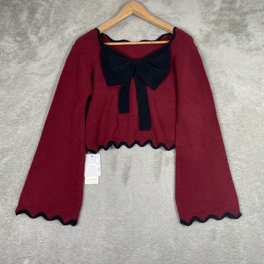 Commense Sweater Womens Medium Red Bow Scalloped Cropped Bell Sleeve Coquette